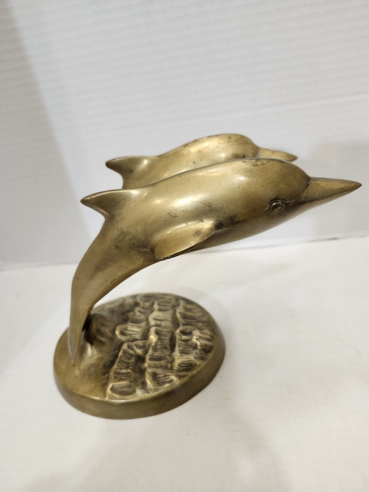 Two Brass Dolphins Leaping Over Waves Figurine 7.5 x 10.5