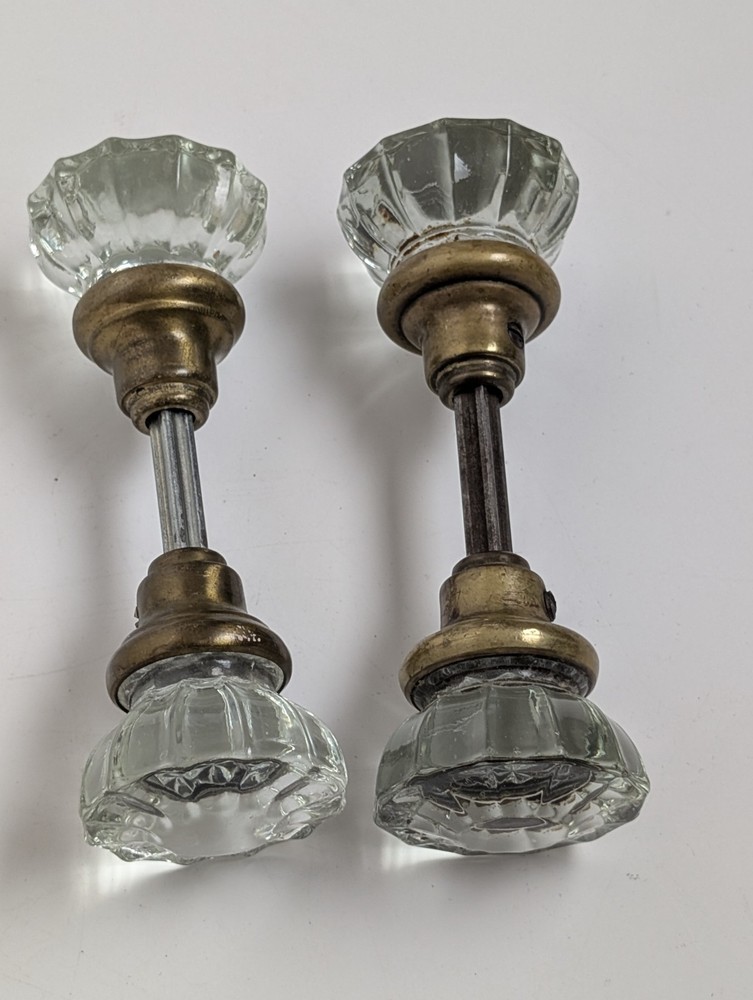 Antique Fluted Glass Door Knobs 12 Point Brass Hardware 2" 2 Pairs