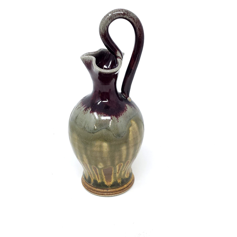 Studio Pottery Earthenware Pitcher Bud Vase Tall Handle EarthTone Colors 9" Tall