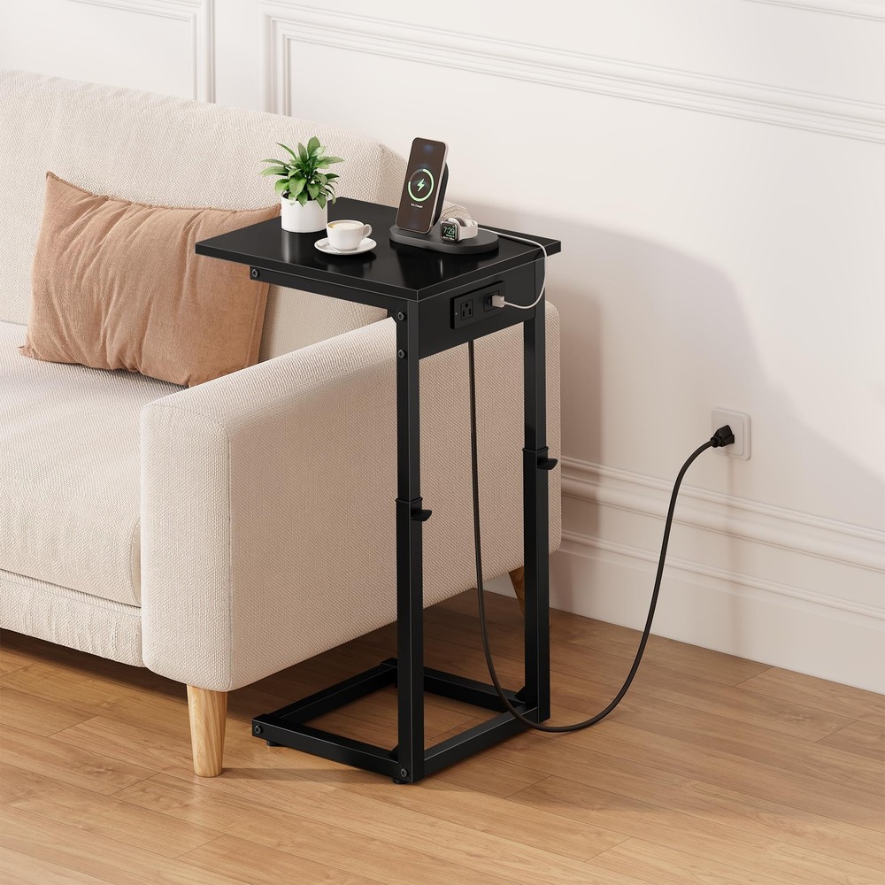 C Shaped End Table with Charging Station, 33"Tall C-Table End Table Adjustabl...