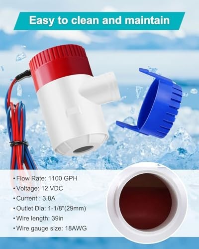 1100 GPH Automatic Bilge Water Pump Kit, 3-Way Switch, 3m Cable, 12V/24V for Boa