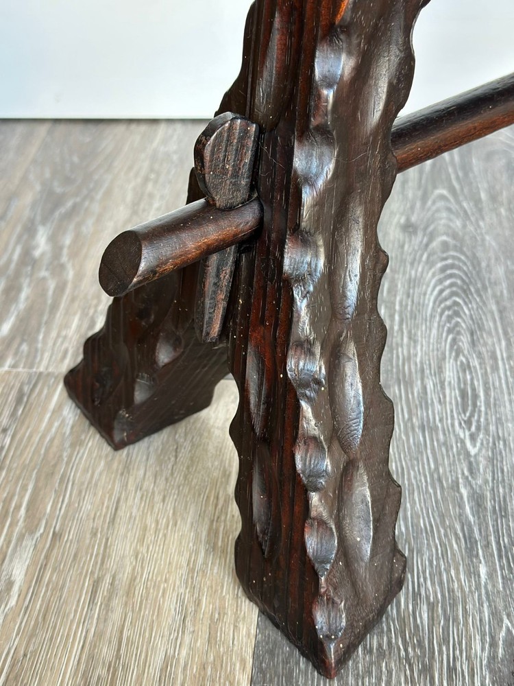 Vintage Spanish Hand-Carved Stool - Rustic Cowhide & Solid Wood