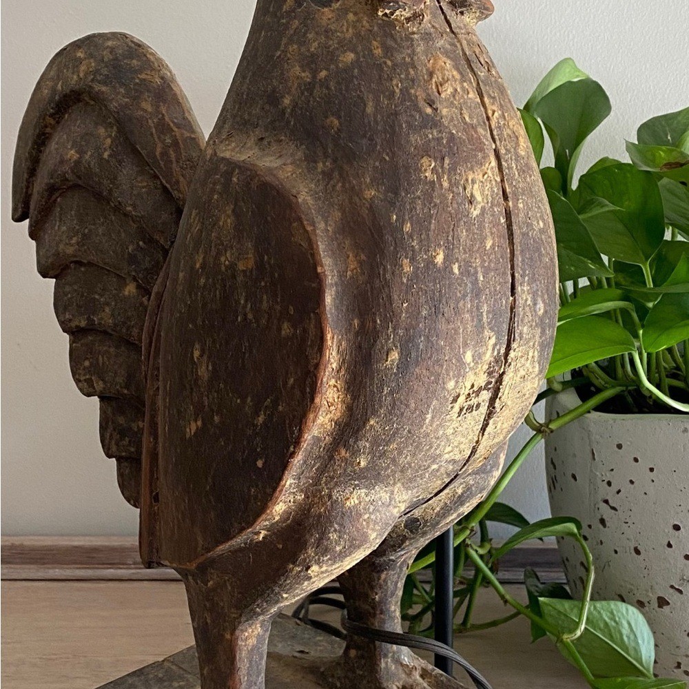 Rustic Handmade Wood Carved Rooster Lamp