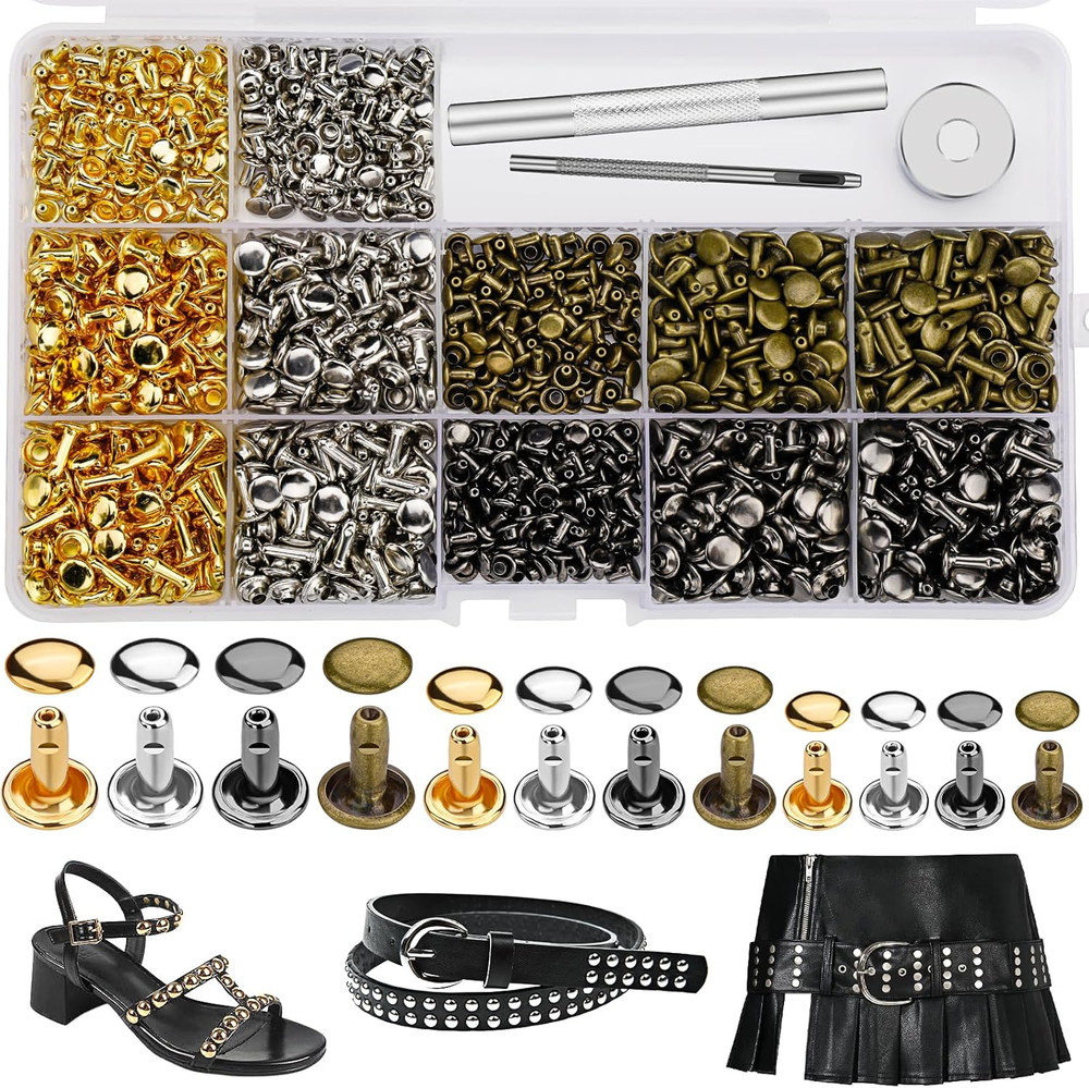 540 PCS Leather Rivets, 3 Different Sizes Double Cap Rivets Kit with Leather Riv