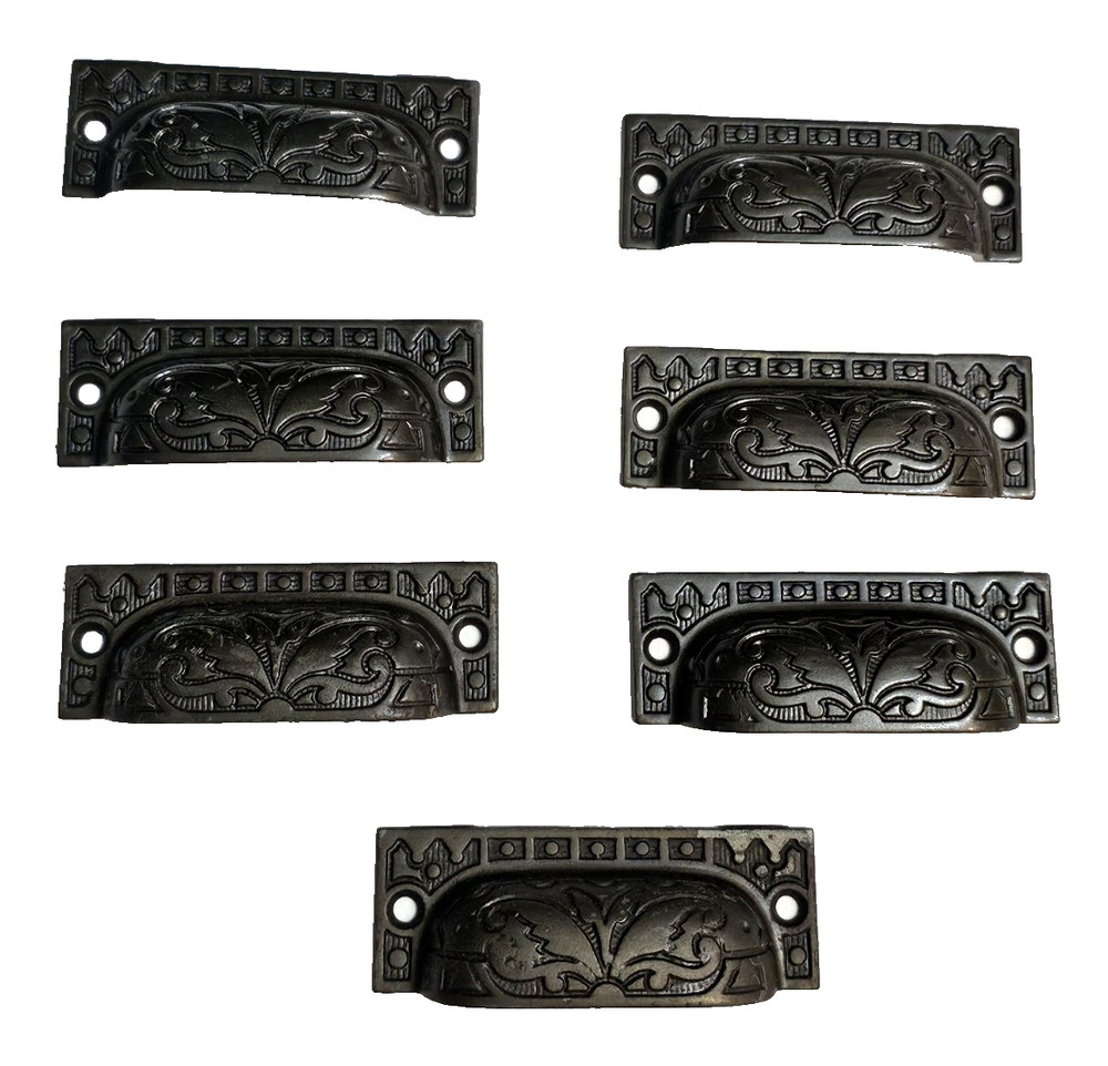 VICTORIAN IRON BIN DRAWER PULLS CABINET HARDWARE 7 ORIGINAL DECORATIVE HANDLES