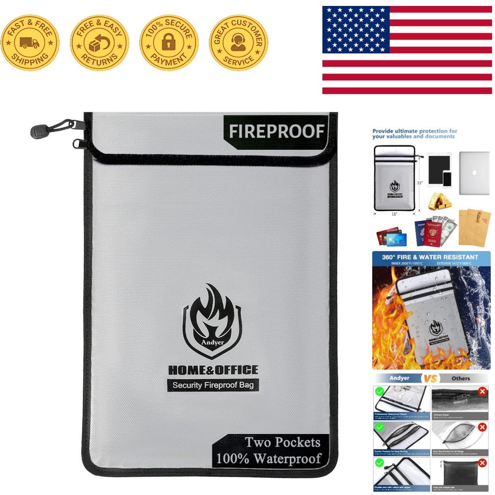 Durable Two-Pocket Fireproof Document Bag 2000℉ - Secure and Portable Organizer