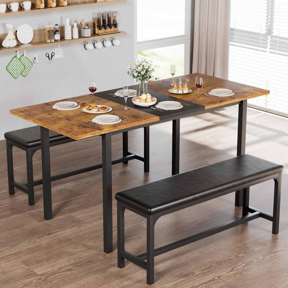 3-Piece 63" Extendable Kitchen Table with Benches/Chairs, Modern Breakfast Di...