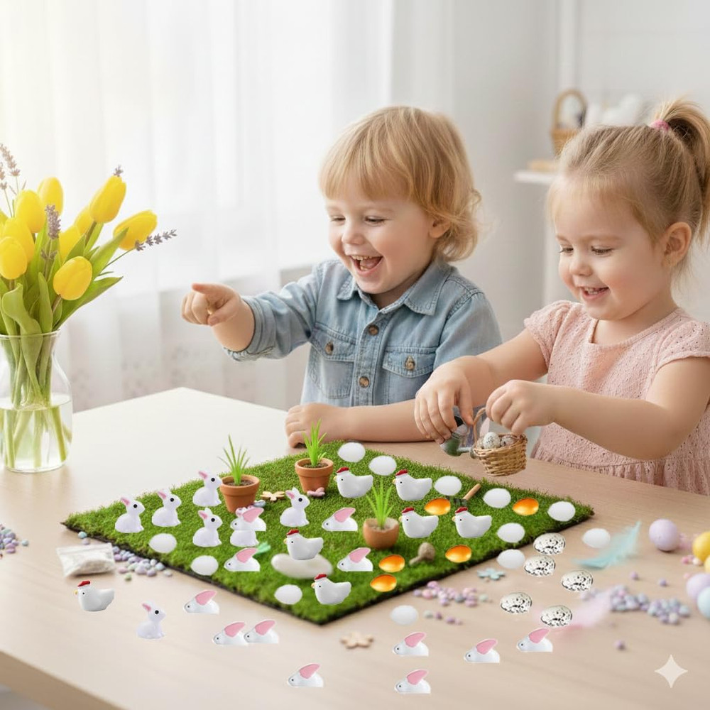 80Pcs Miniature Easter Figurines - Rabbits, Chickens & Eggs for Decor