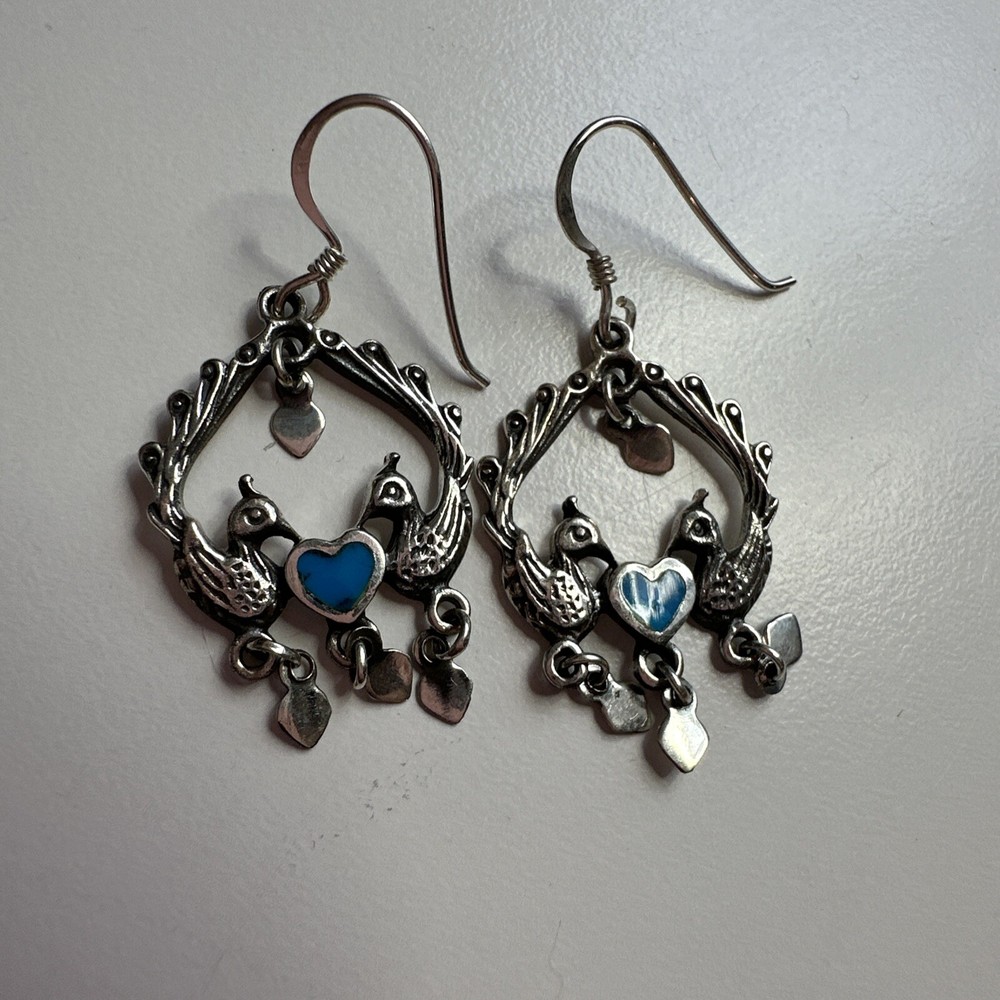 Sterling Silver Peacock Hook Earrings Turquoise Colored Heart