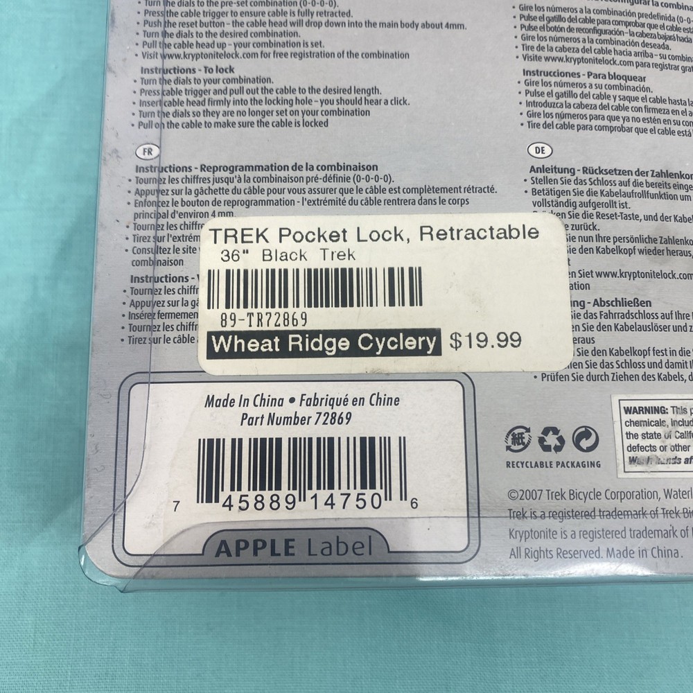 Trek 36” Pocket Cable Lock Retractable Anti-Theft
