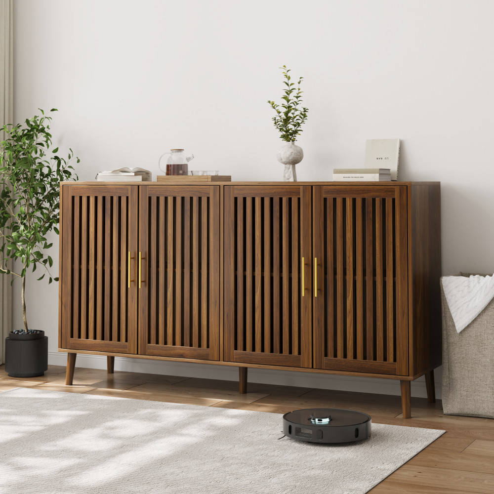 63" Walnut Sideboard Buffet Cabinet w/ 4 Doors, Adjustable Shelves