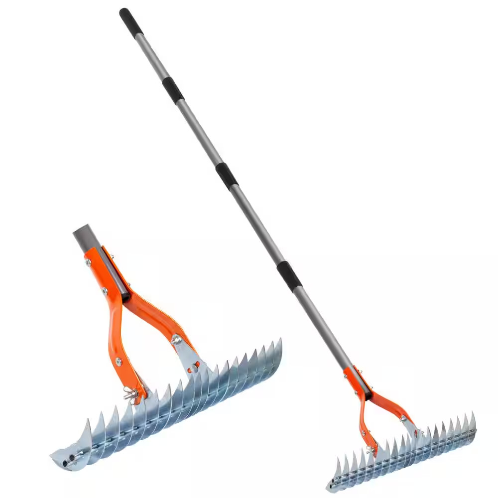 70 In. Adjustable Steel Handle Thatch Rake, 19 Tines Back Saving Lawn Thatching