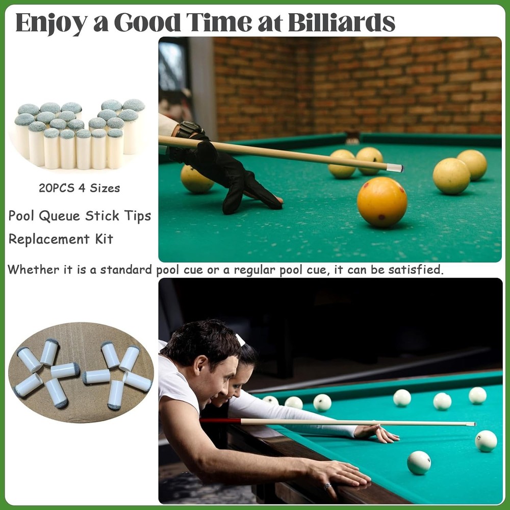 20pcs Slip On Pool Cue Tips, 4 Sizes Pool Queue Stick Tips Replacement Kit, Bill