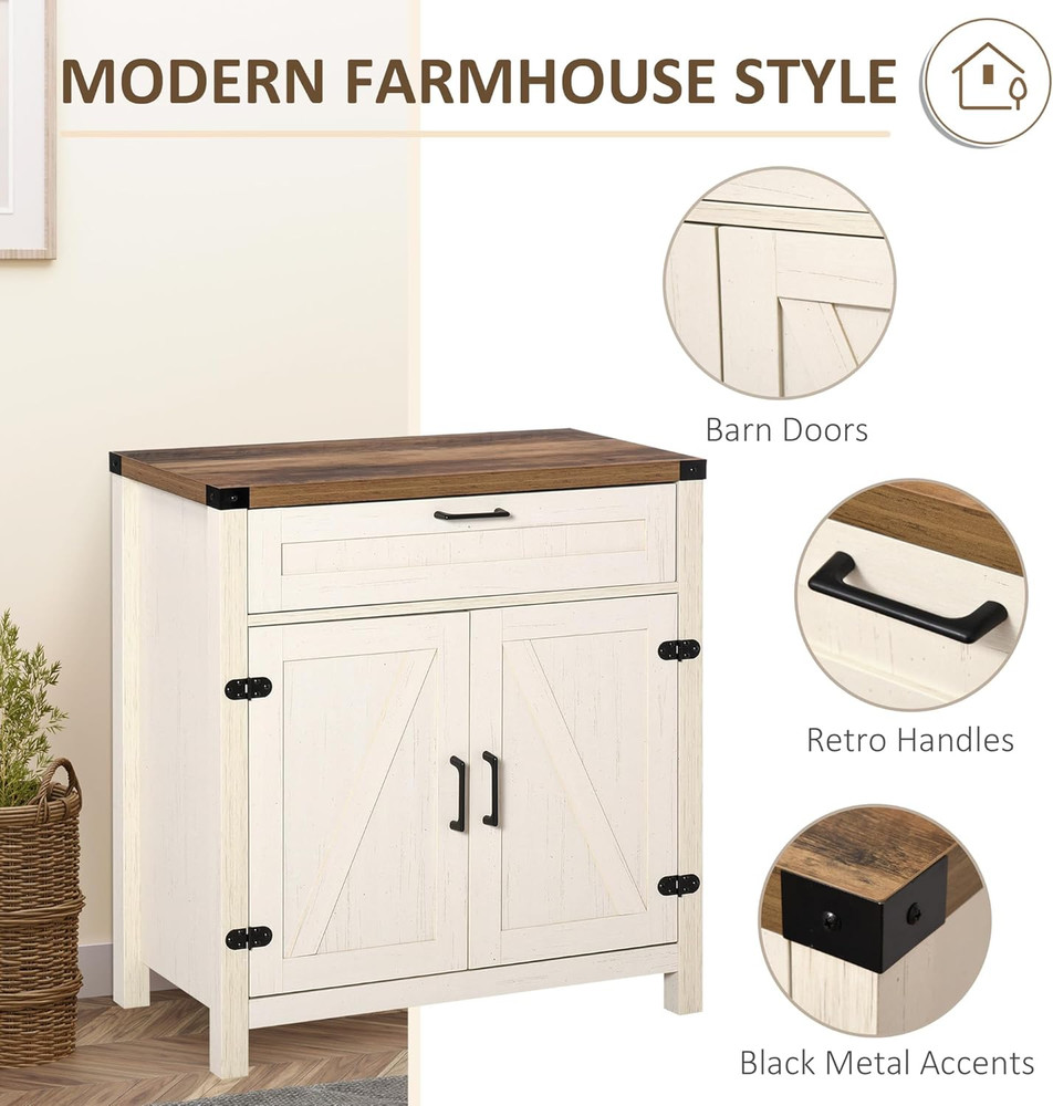 Modern Farmhouse Sideboard with Barn Doors & Storage Drawer, Distressed White