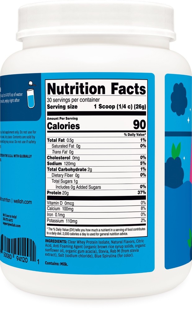 Wellah Clear Whey Protein Isolate Powder (Blue Raspberry) 30 Servings