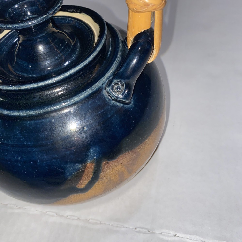 Teapot Signed Pottery Bamboo Handle Blue; Kitchen Decor