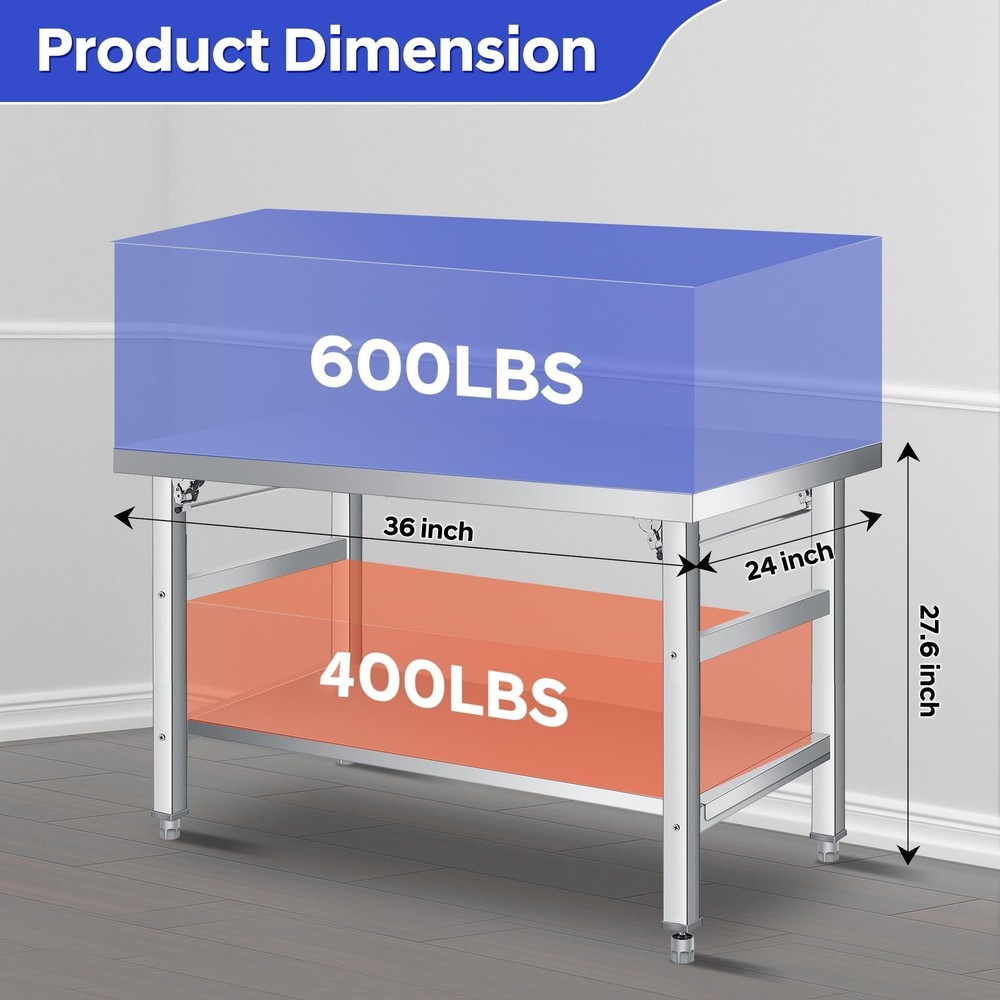 48"×24" Foldable Stainless Steel Table, Commercial Prep Table with Undershelf