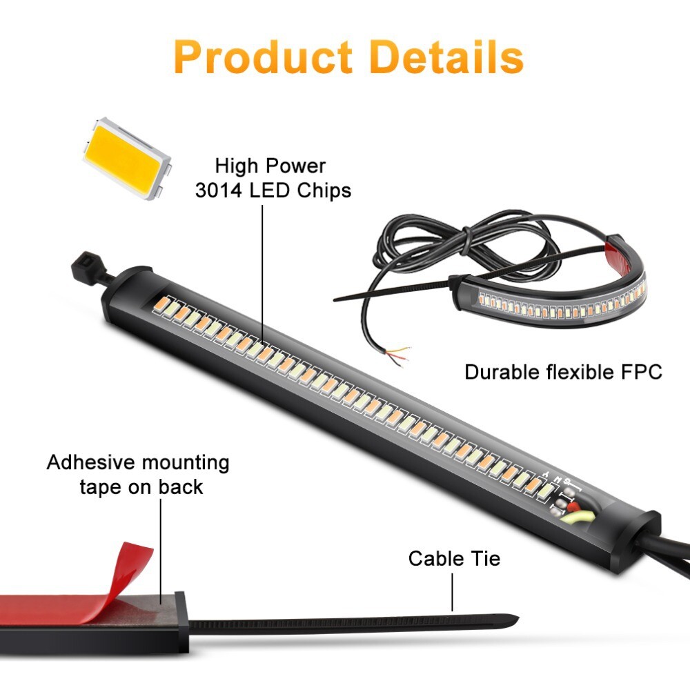 2x White/Amber Switchback LED Fork Turn Signal DRL Light Strips For Motorcycle