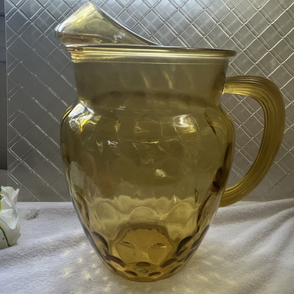 Amber Pressed Glass Pitcher, Glossy Solid Round, Handle, 9 in Height