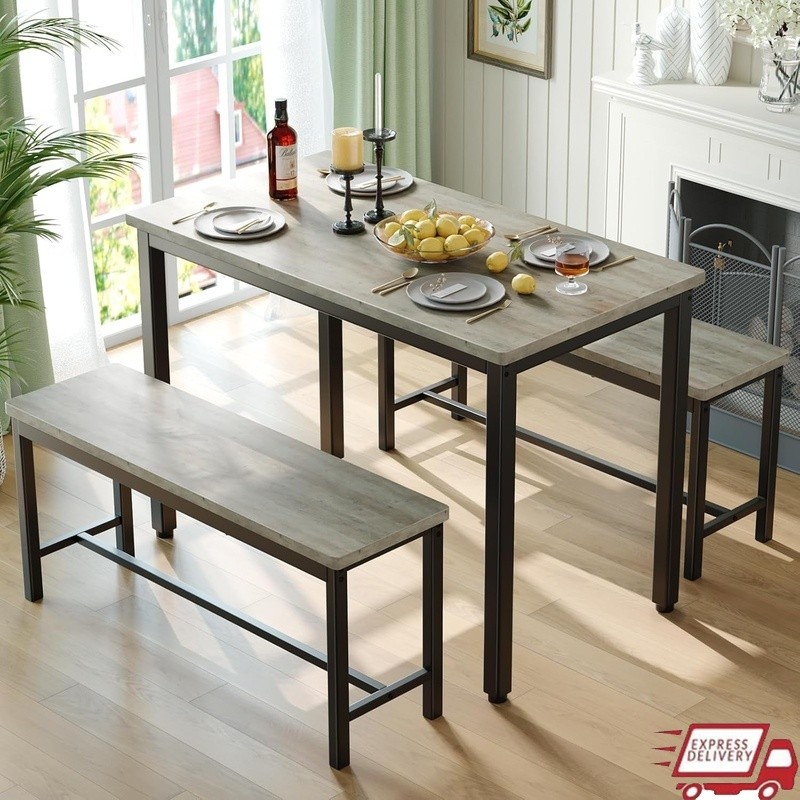 4-Person Space-Saving Dining Set Rustic Industrial Table Bench Combo Indoor Use