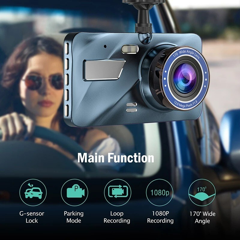 4" Screen + 2 Len Car Dash Cam 1080P Camera Video Record Wide Angle Night Vision