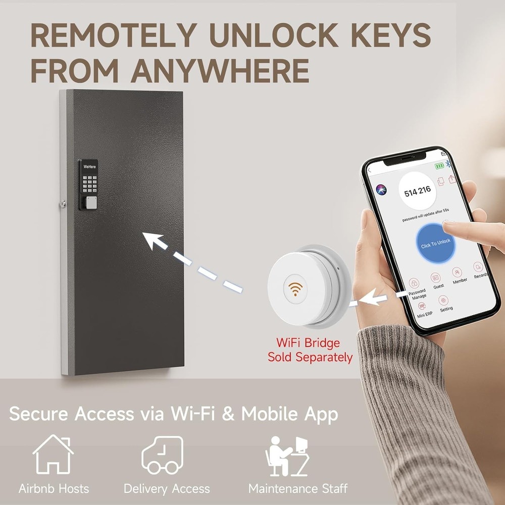192 Key Lock Box Wall Mount Smart Key Cabinet One Time Password/Fixed Code/Blu..