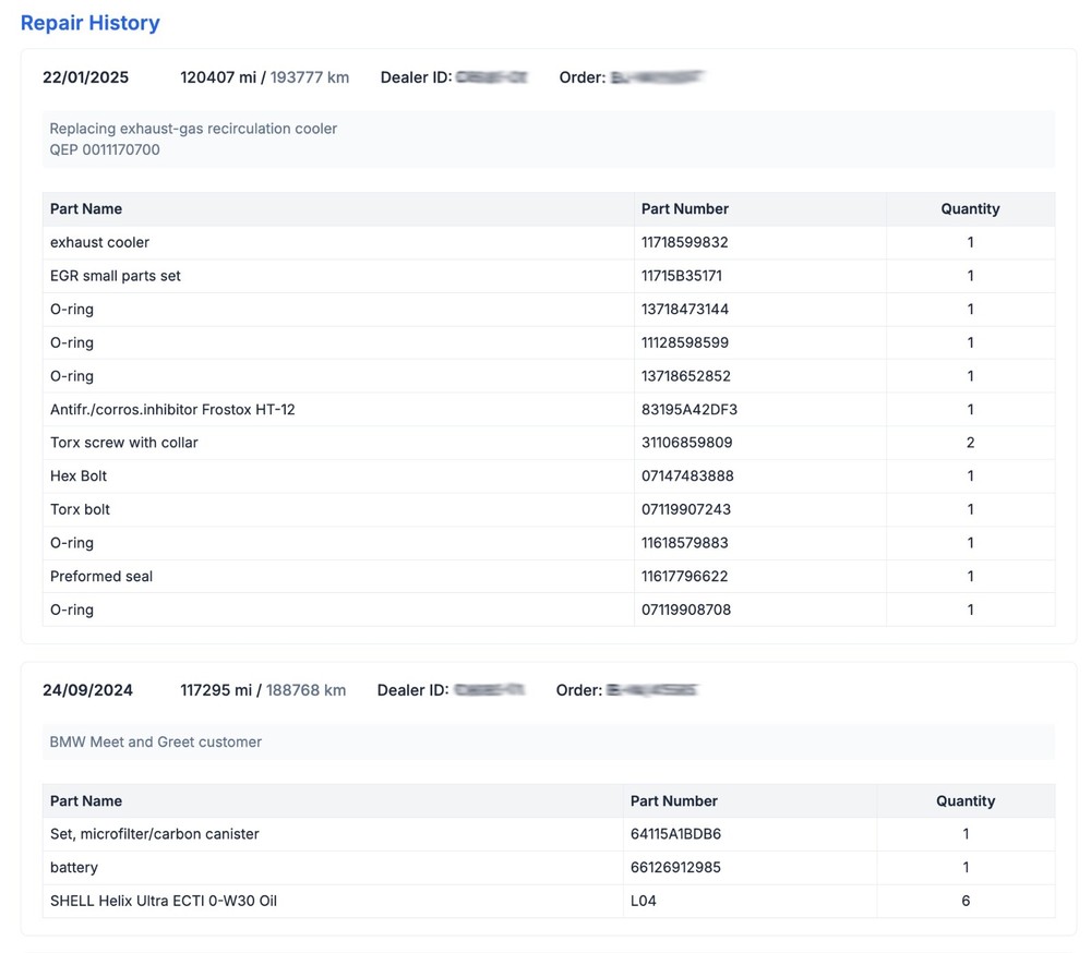 MINI service history records (Services / Repairs / Mileage / Specs)