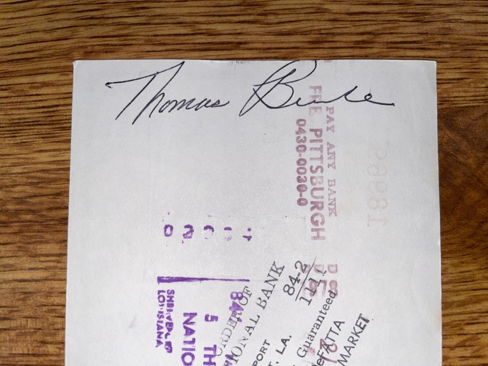 1978 Pittsburgh Pirates SIGNED Check: Thomas F. Burke