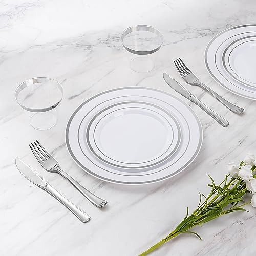 300-Piece Disposable Dinnerware Set for - Plastic Plates, 50 Guests Silver