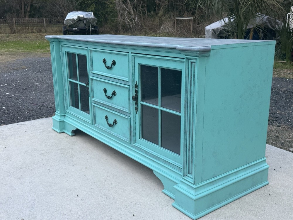 Turquoise Distressed Vintage Sideboard with Glass Doors and 3 Drawers