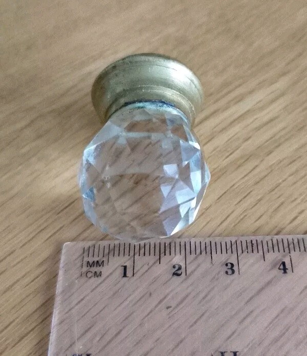 Vintage Pair Very Small Old Round Faceted Glass Pull Knobs Brass Base