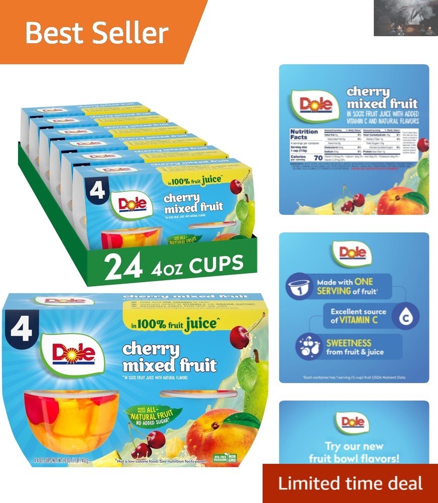 Convenient 100% Juice Cherry Mixed Fruit Cups, 4oz - 24 Count, Healthy Snacking