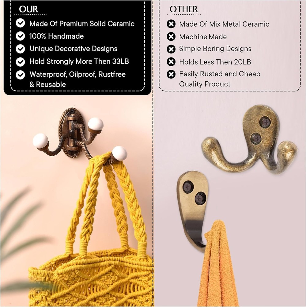 Swivel Wall Hooks | 3 Prong Foldable Iron Ceramic Hooks | Vintage Towel & Coa...