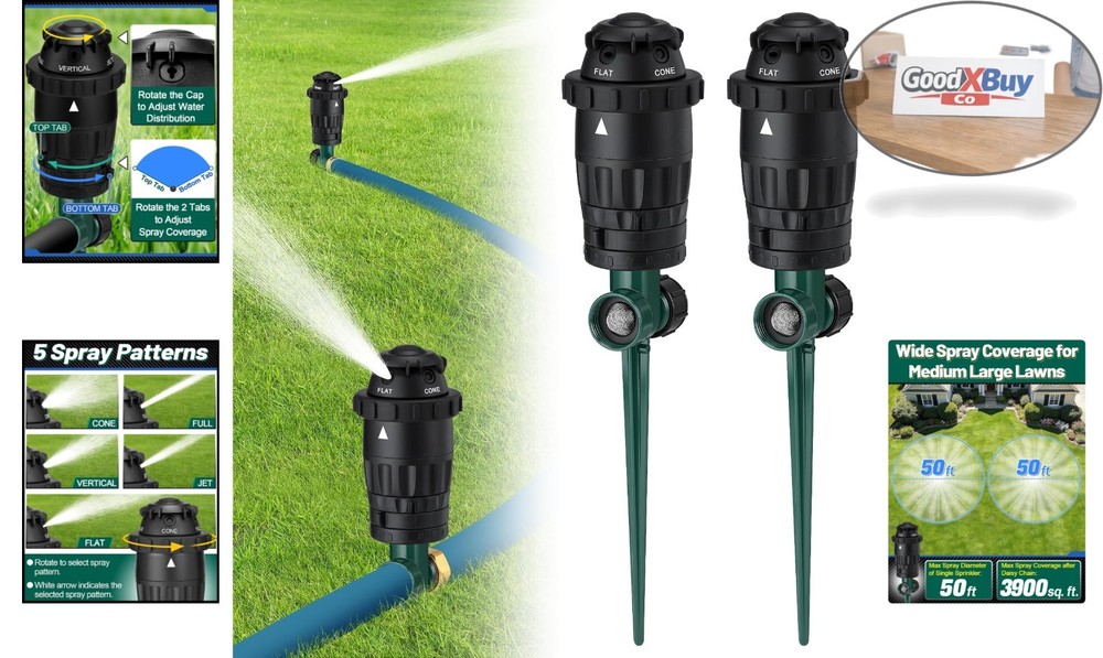2 Pack Aluminum Sprinklers - 5 Spray Patterns, Adjustable Coverage, Large Yar...