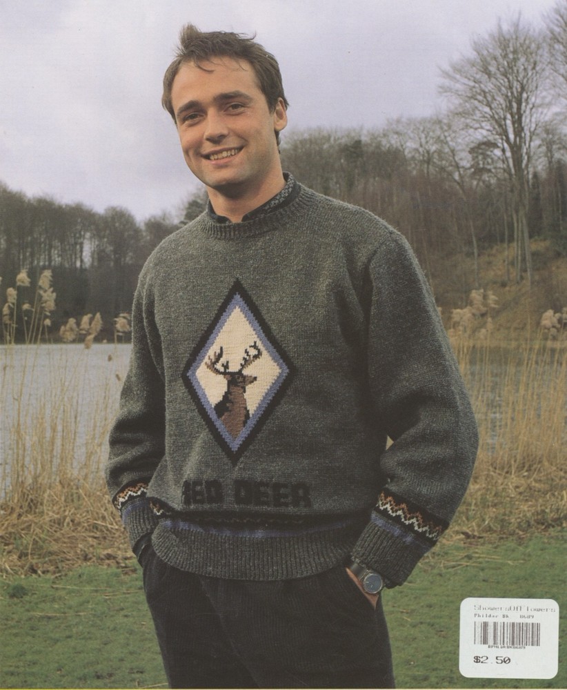 Phildar KNITTING PATTERN #8689 Man's Red Deer Pullover 34-44 Man / Men