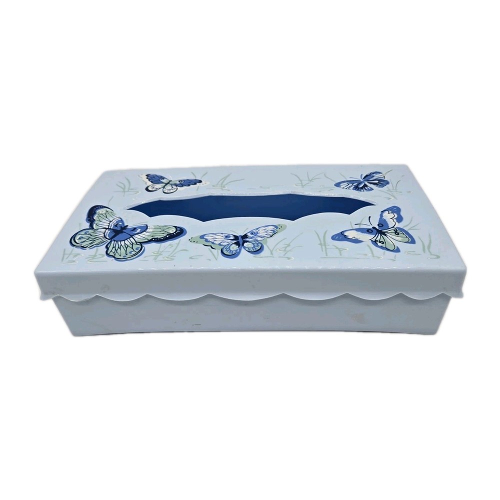 Vintage Tissue Box Holder Light Blue With Butterflies Wall Mount