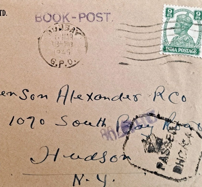 India WW2 1945 Bombay Hudson NY USA Book Post Censor Postal Cover C7