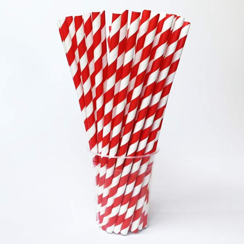 100 Pack Biodegradable Striped Paper Drinking Straws Red White Striped