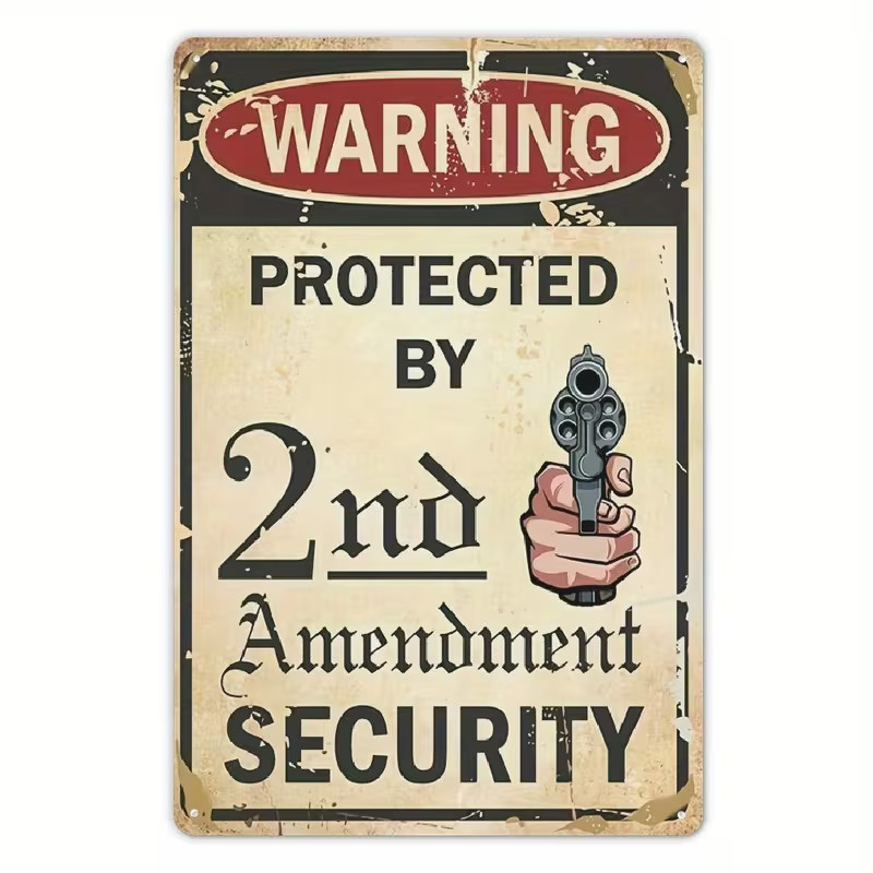vintage look aluminum sign, "Second Amendment protected security" warning