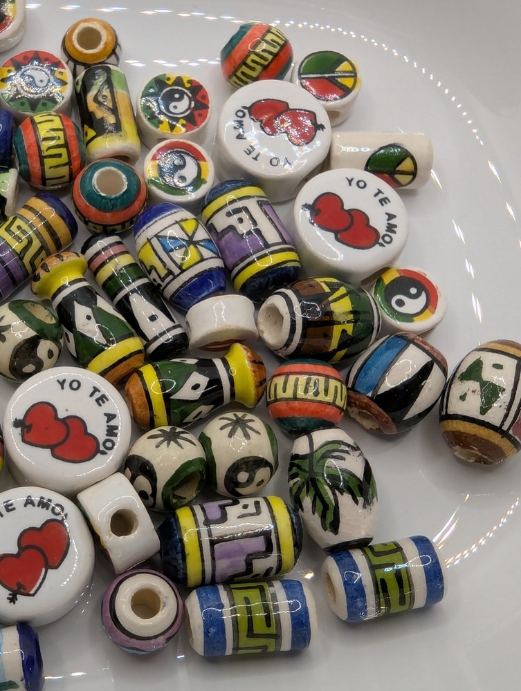 100 Hand Painted Vintage Mixed Ceramic Peruvian Inca Loose Beads. Same 100 Beads