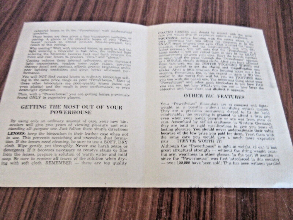 Vtg Powerhouse Binoculars Owner's Directions