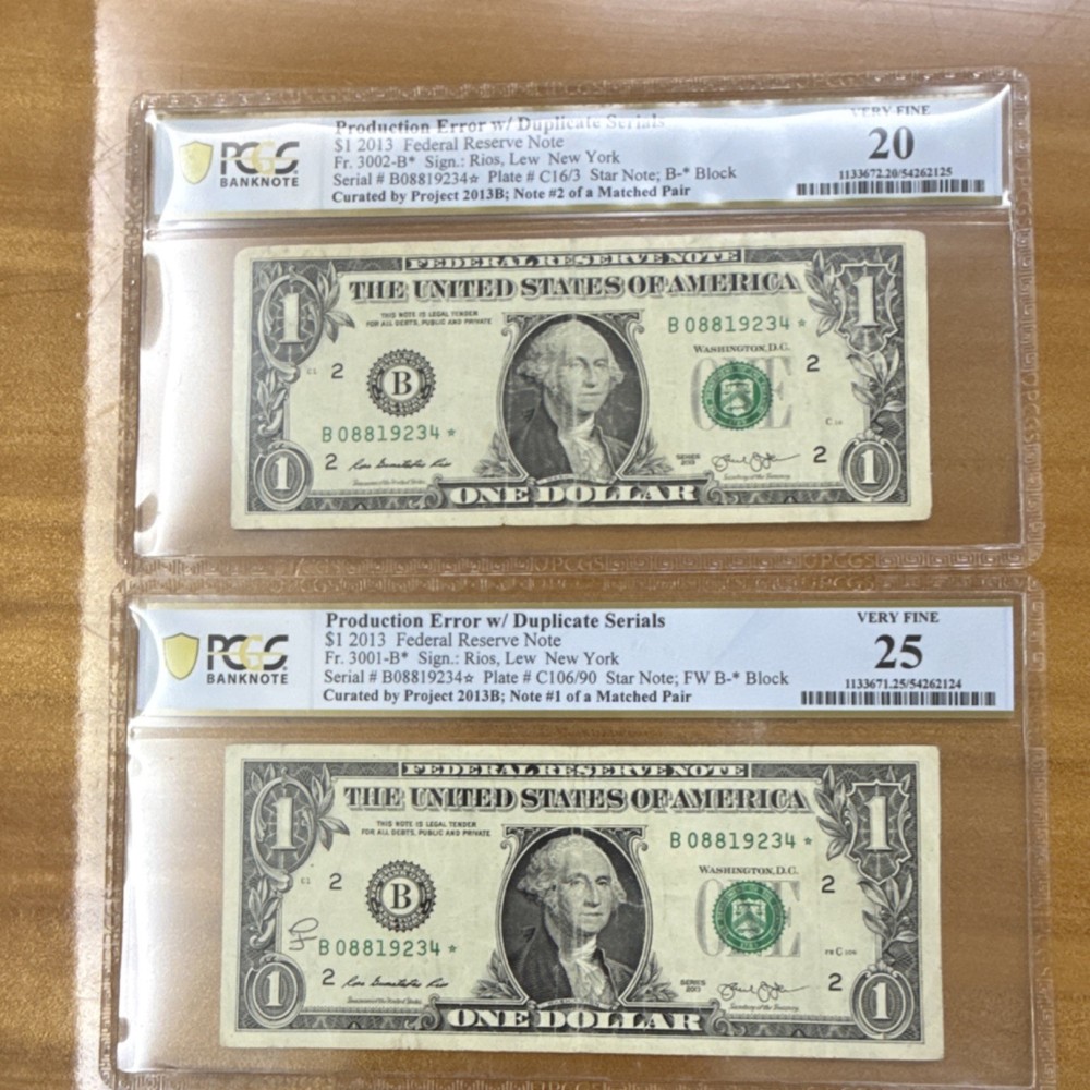 2013B $1 star Note Error Matched Pair Duplicate Serials PCGS Certified