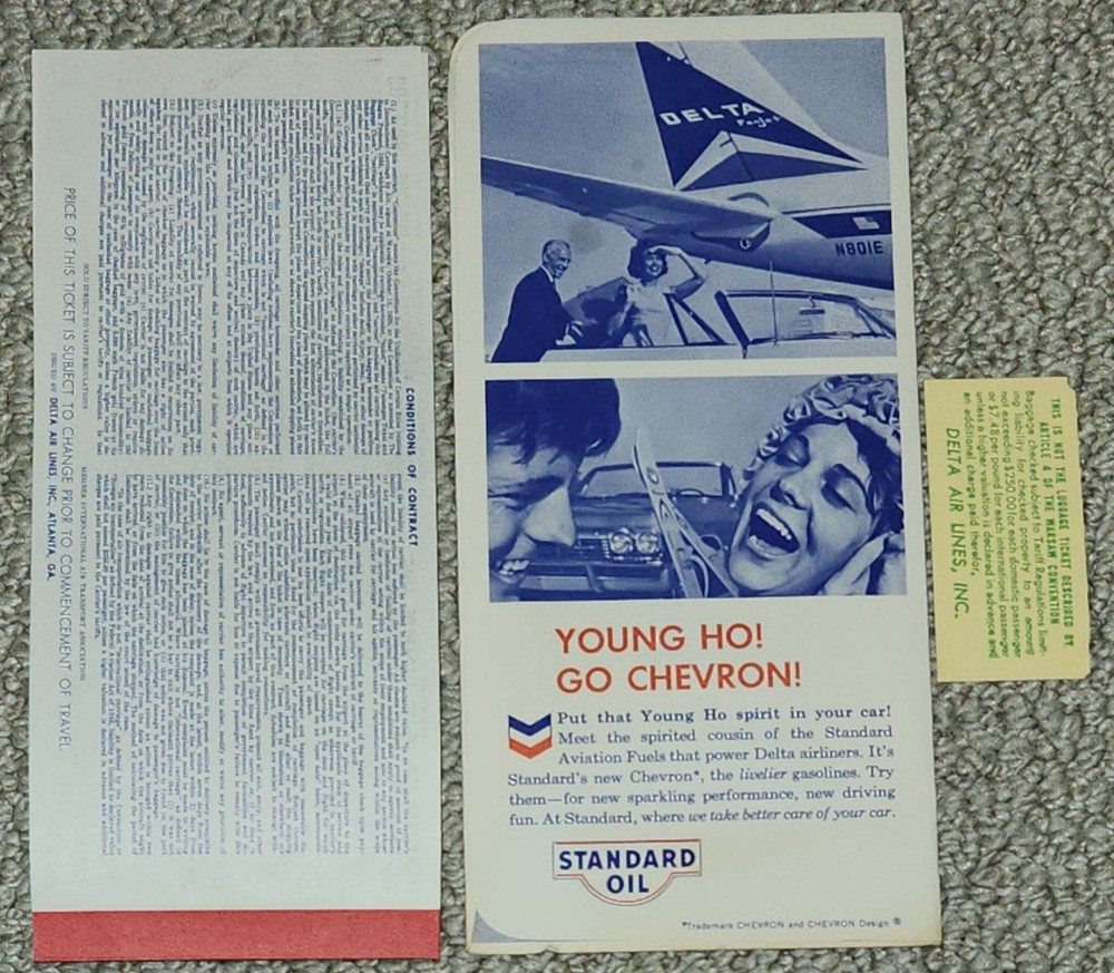 1965 Delta Airlines Boarding Ticket, Ticket Jacket, Baggage Check