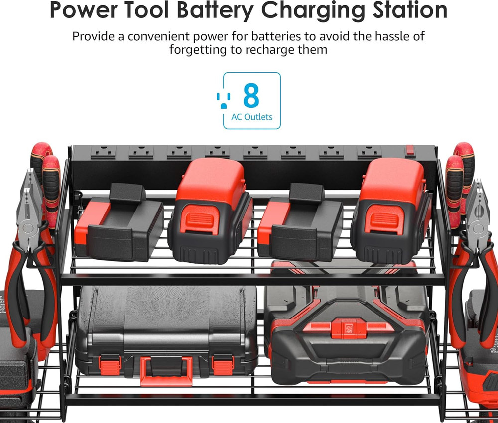Garage Tools Storage with Charging Station. Power Tool Battery Organizer Utility