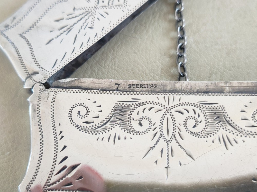 Antique Sterling Silver Calling Card Case With Chatelaine Chain