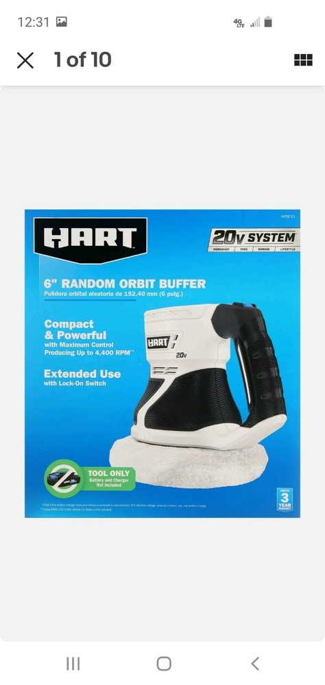 🔥Hart 6" Random Orbit Buffer Black and White TOOL ONLY (uses 20V Li-Ion HPBF33)