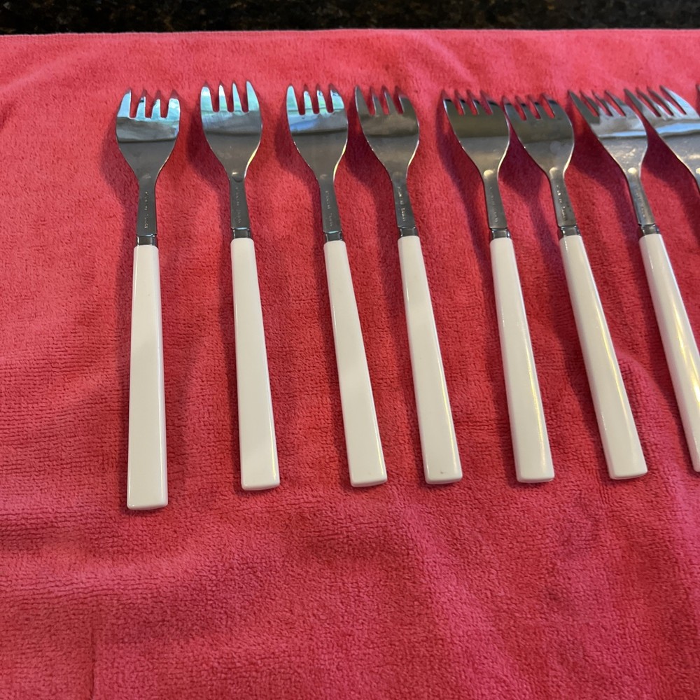 11 Forks & Spoons white HANDLE STAINLESS Tawain FLATWARE (c1)