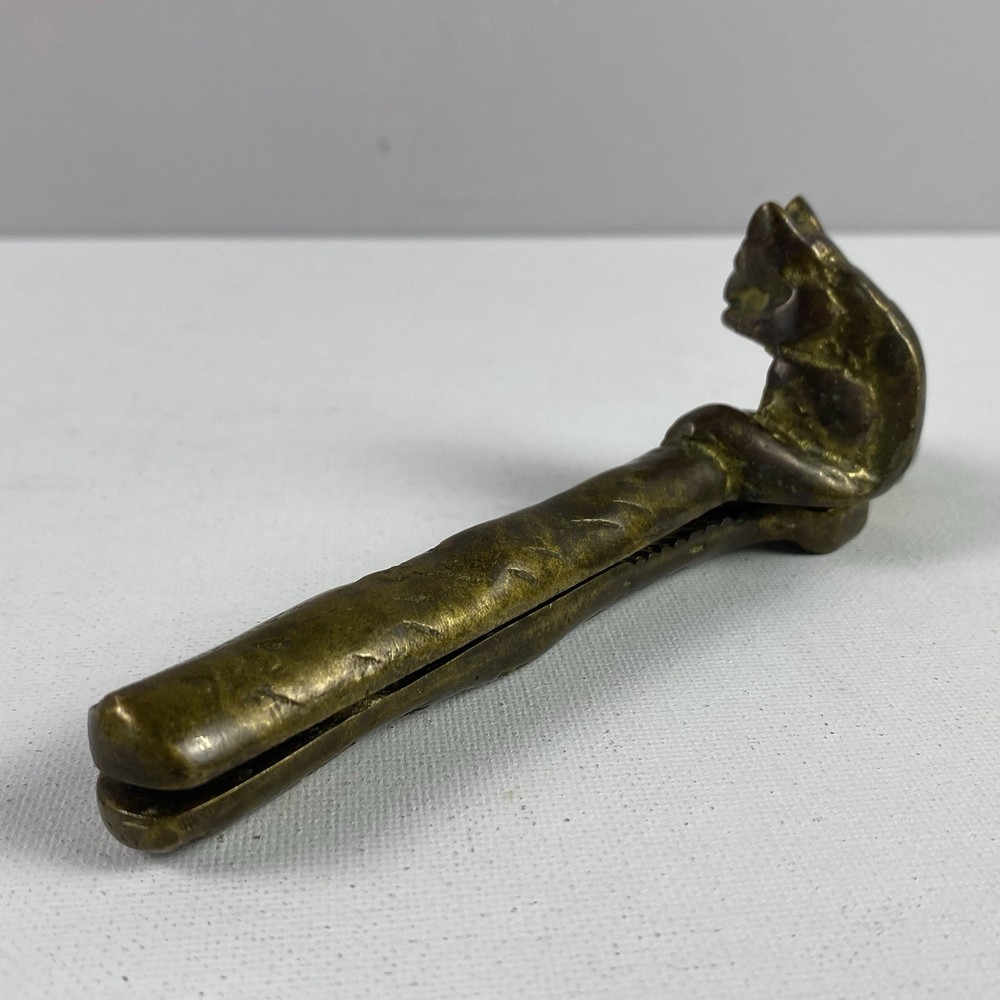 Vintage Nutcracker Solid Brass Handheld Figural Squirrel Etched Heavy 6" Patina