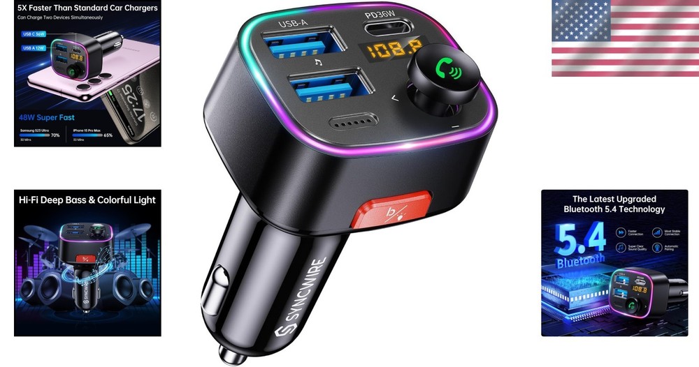 Bluetooth FM Transmitter with Light Switch, Fast Charging & Noise Cancellation