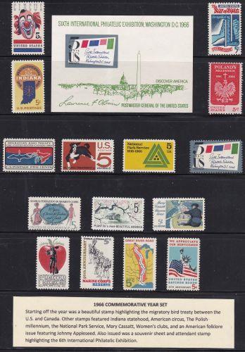 U S 1966 Commemorative Year Set (15 stamps, 1ss) Mint Never Hinged
